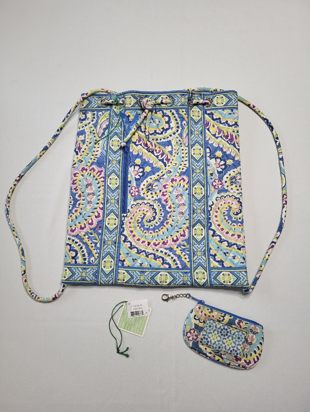 Vera Bradley Retired Capri Blue Drawstring Backpack And Clip Zip ID Holder Purse